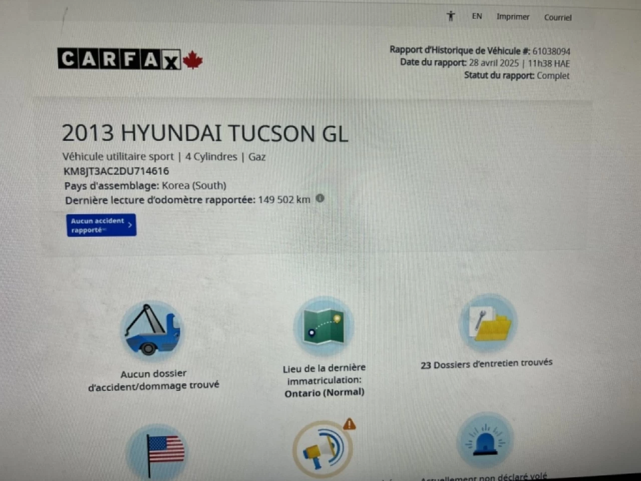 2013 Hyundai Tucson **GL**JAMAIS ACCIDENTEE**SAAQ CERTIFIEE**SIEGES CHAUFFANTS**EN SPECIAL** Main Image