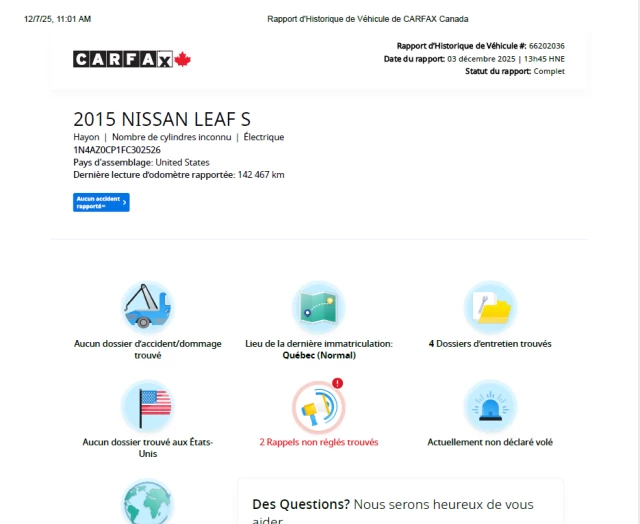 Nissan LEAF SV**JAMAIS ACCIDENTEE**CAMERA DE RECUL**SIEGES CHAUFFANTS** 2015