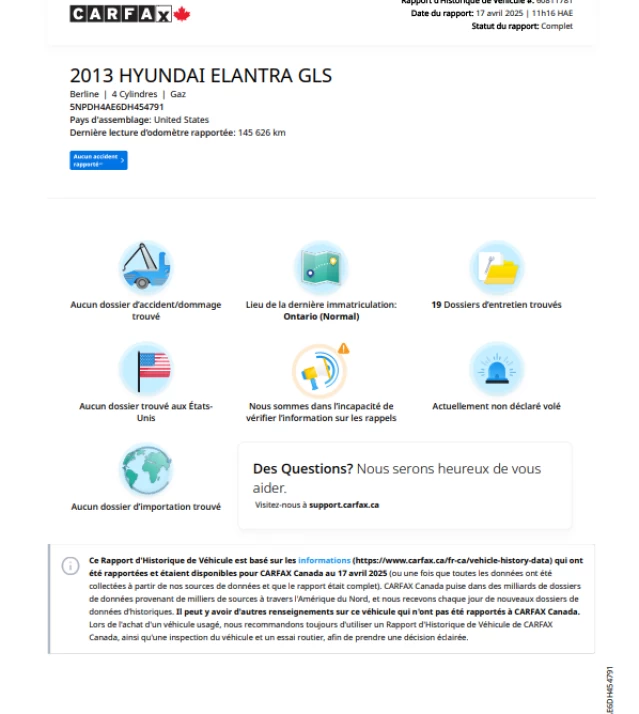 Hyundai Elantra GL**Jamais accidente**CERTIFIÉ Par La SAAQ**SIEGES CHAUFFANTS** 2013