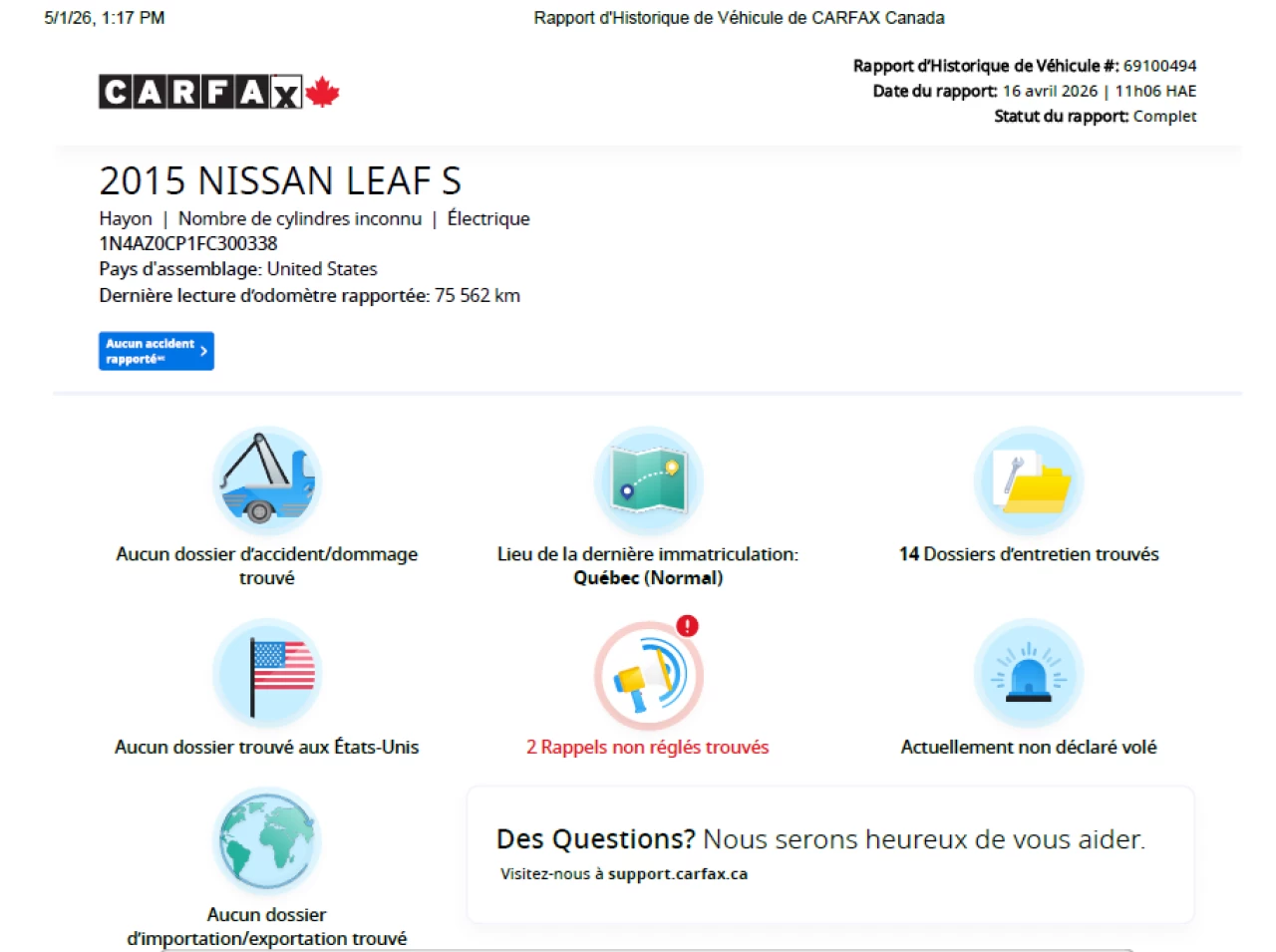 2015 Nissan LEAF SV**Jamais Accidentee**CAMERA DE RECUL**SIEGES CHAUFFANTS EN AVANT ET ARRIERE**VOLANT CHAUFFANTS Image principale