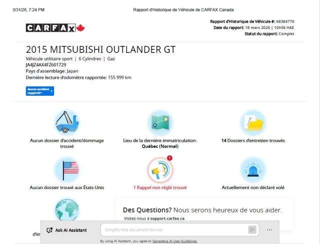 Mitsubishi Outlander **GT**JAMAIS ACCIDENTEE**7 PASSAGERS**CUIR**NAVI**CAMERA DE RECUL**SIEGES CHAIFFANTS**MAGS** 2015