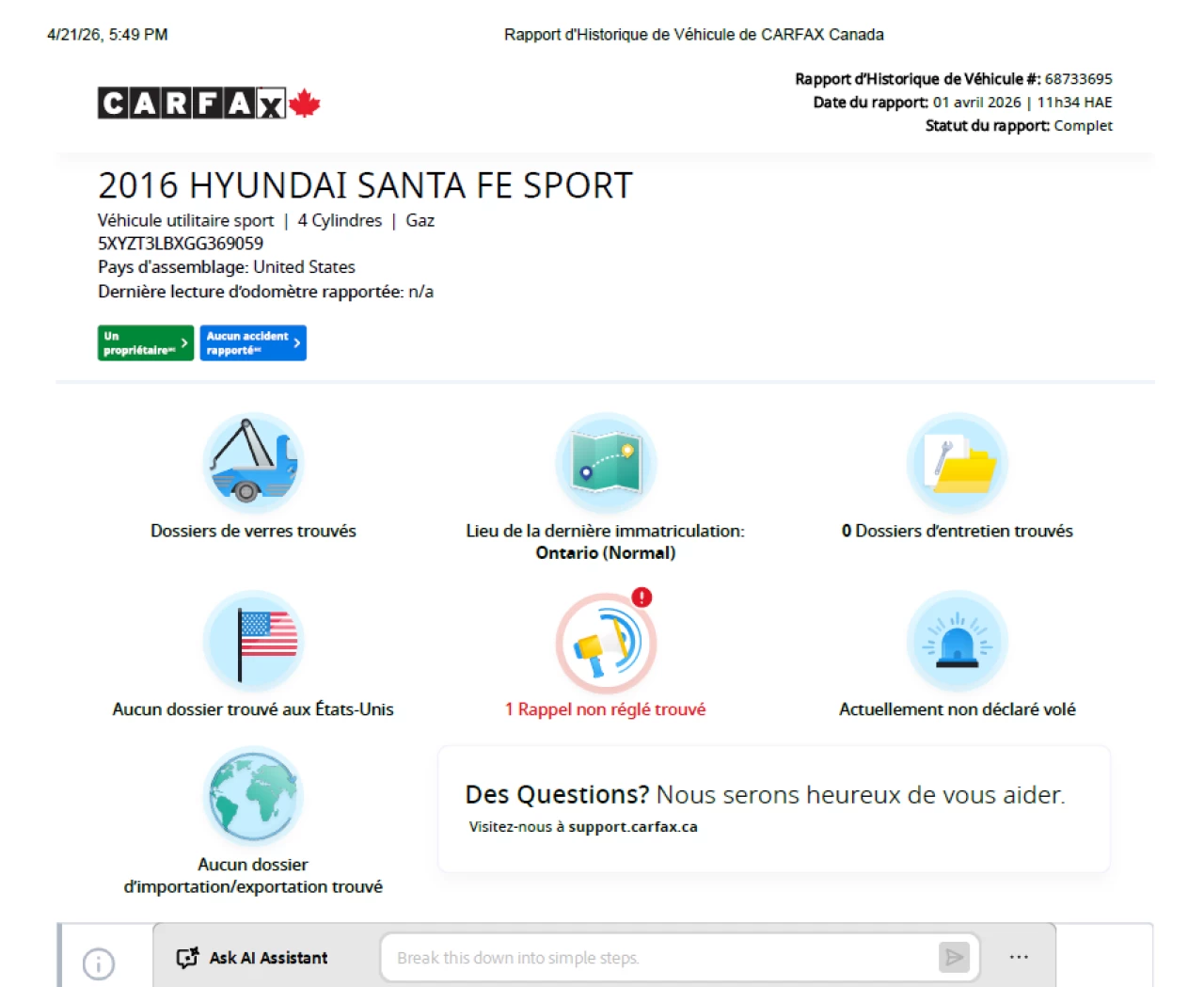 2016 Hyundai Santa Fe Sport JAMAIS ACCIDENTEE**SAAQ CERTIFIEE**UNE SEULE PROPRIO**2.4L**SIEGES CHAUFFANTS**MAGS**EN SPECIAL** Image principale