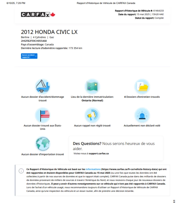 Honda Civic EX**JAMAIS ACCIDENTEE**CERTIFIÉ Par La SAAQ**TOIT OUVRANT**Mags** 2012
