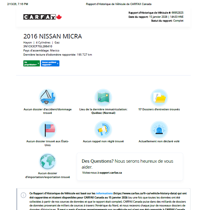 2016 Nissan Micra SV**Jamais Accidentee**Un Proprietaire**AC**MANUELLE** Image principale