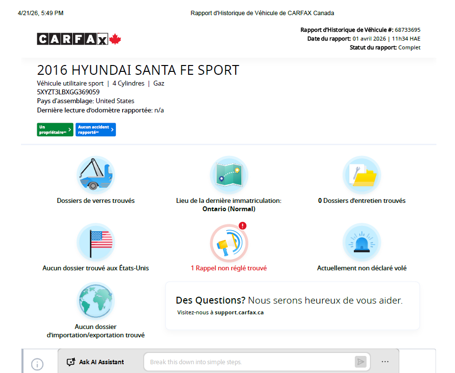 2016 Hyundai Santa Fe Sport JAMAIS ACCIDENTEE**SAAQ CERTIFIEE**UNE SEULE PROPRIO**2.4L**SIEGES CHAUFFANTS**MAGS**EN SPECIAL** Image principale